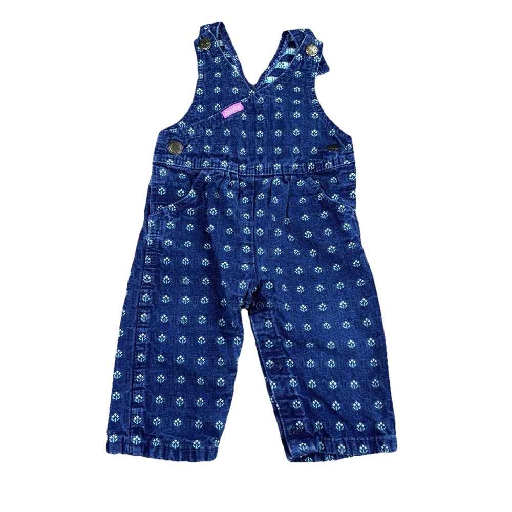 Vintage Oshkosh Bib Overalls Vestbak Denim Floral Flower Print USA 6-9 Months